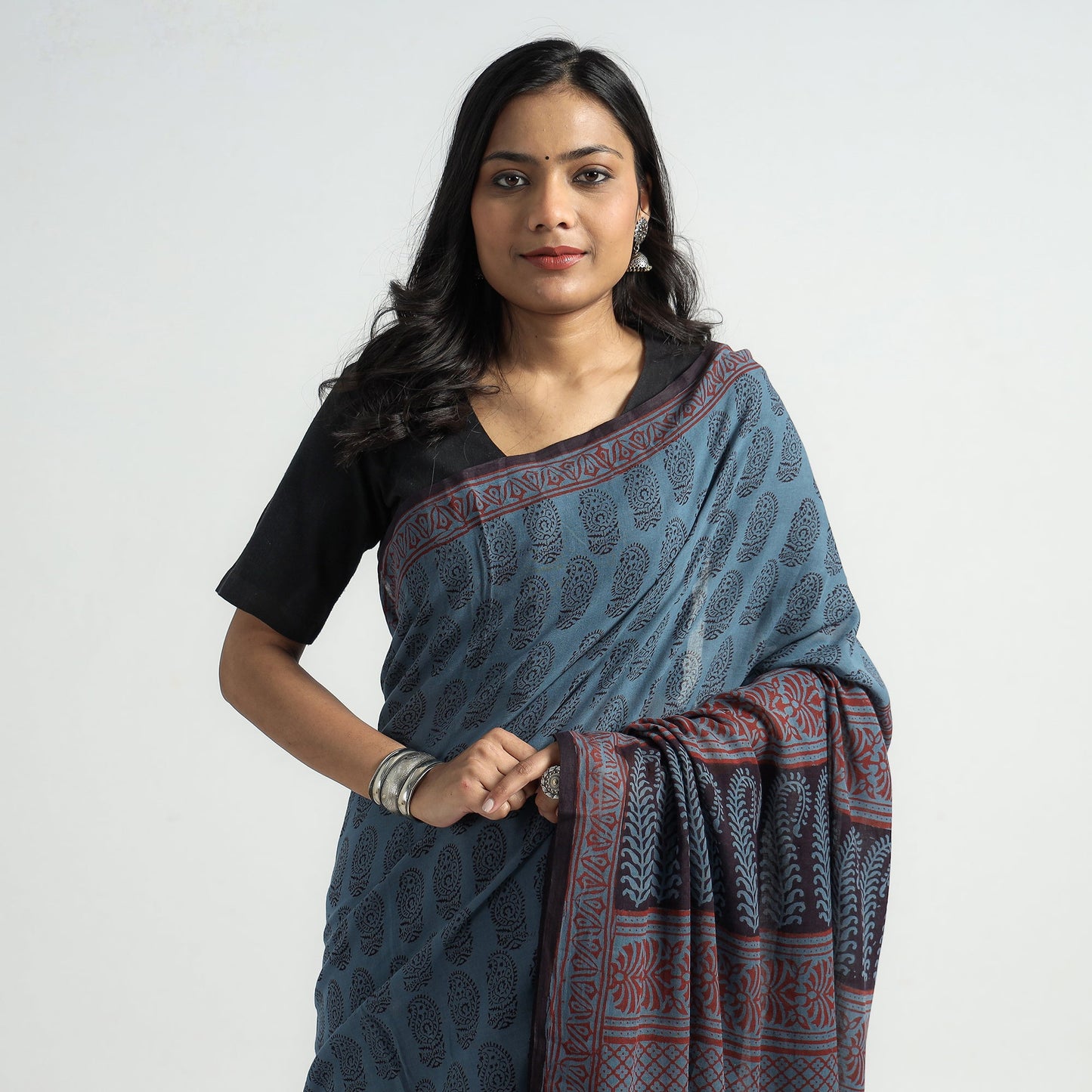 Blue Bagh Hand Block Printed Natural Dyed Cotton Saree 