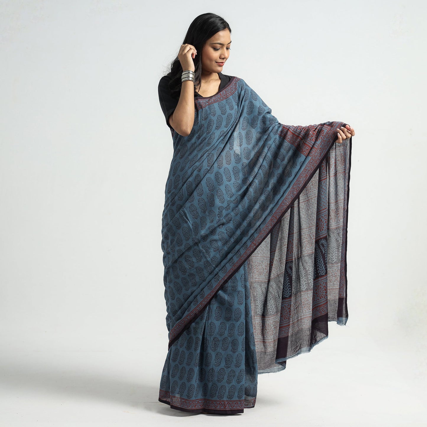 Blue Bagh Hand Block Printed Natural Dyed Cotton Saree 