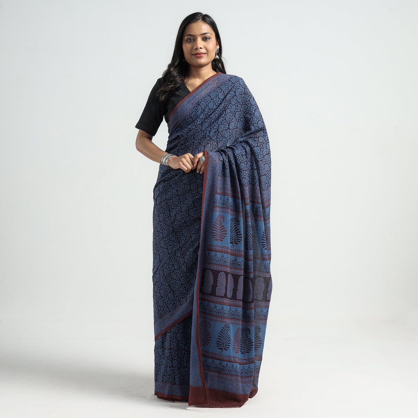 Blue - Bagh Hand Block Printed Cotton Saree