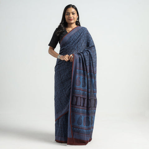 Blue - Bagh Hand Block Printed Cotton Saree