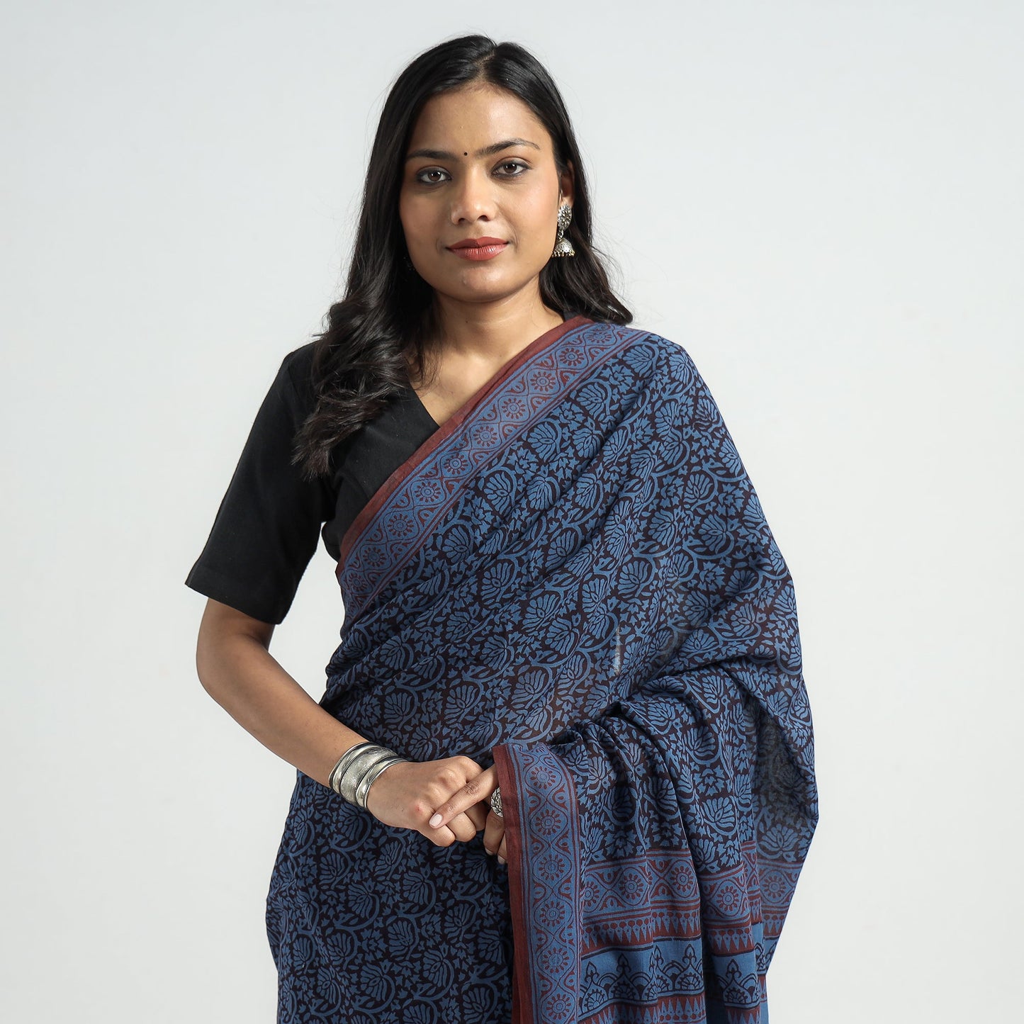 Blue - Bagh Hand Block Printed Cotton Saree