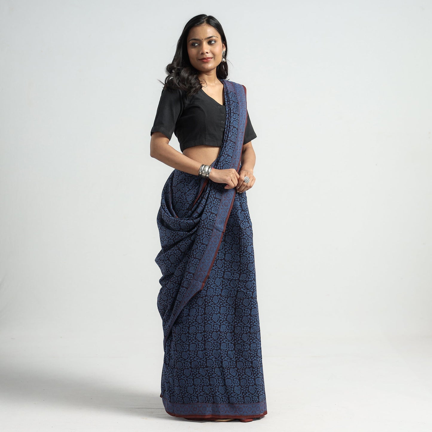 Blue - Bagh Hand Block Printed Cotton Saree