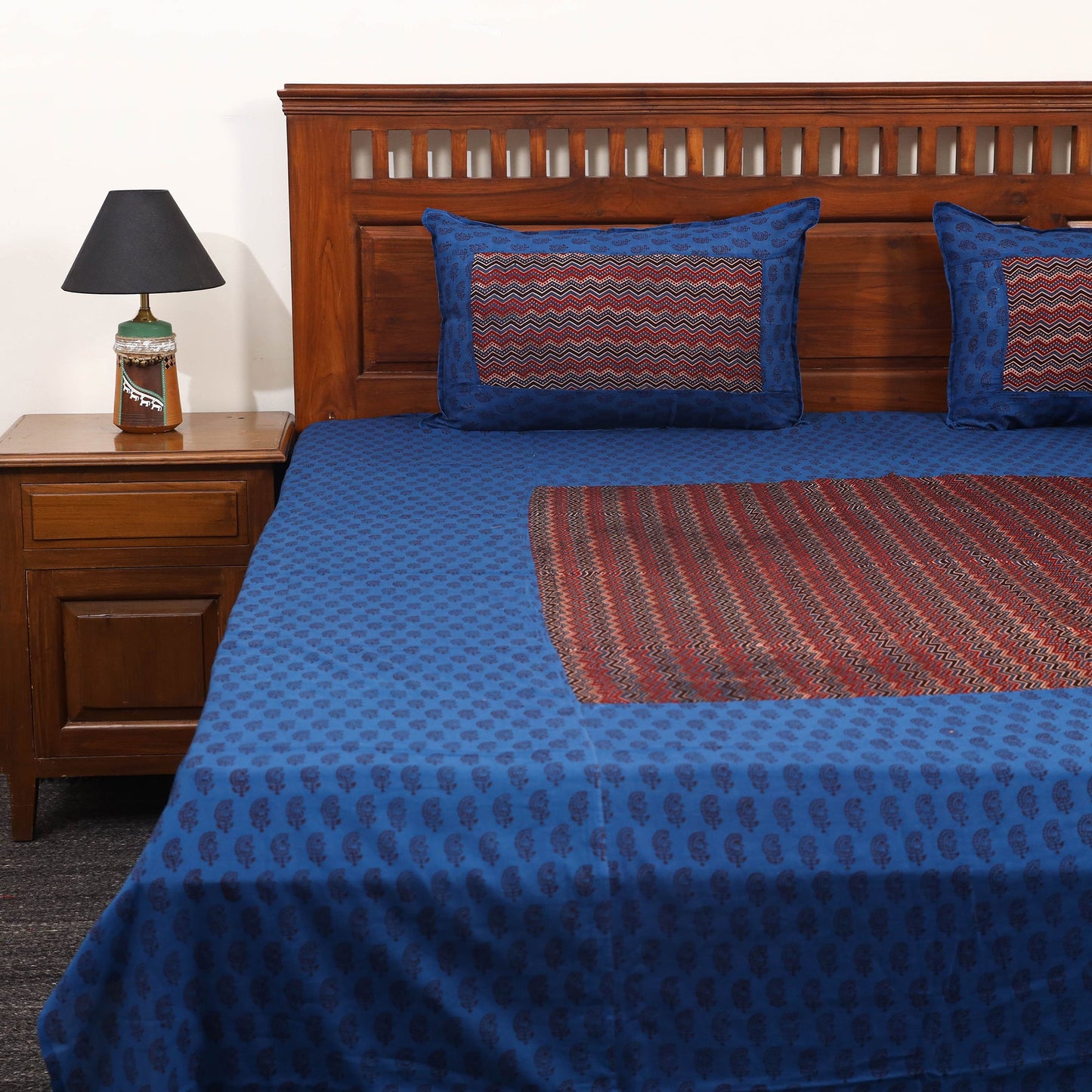 Blue Bagh Print with Ajrakh Modal Silk Patch Cotton Bedsheet Set
