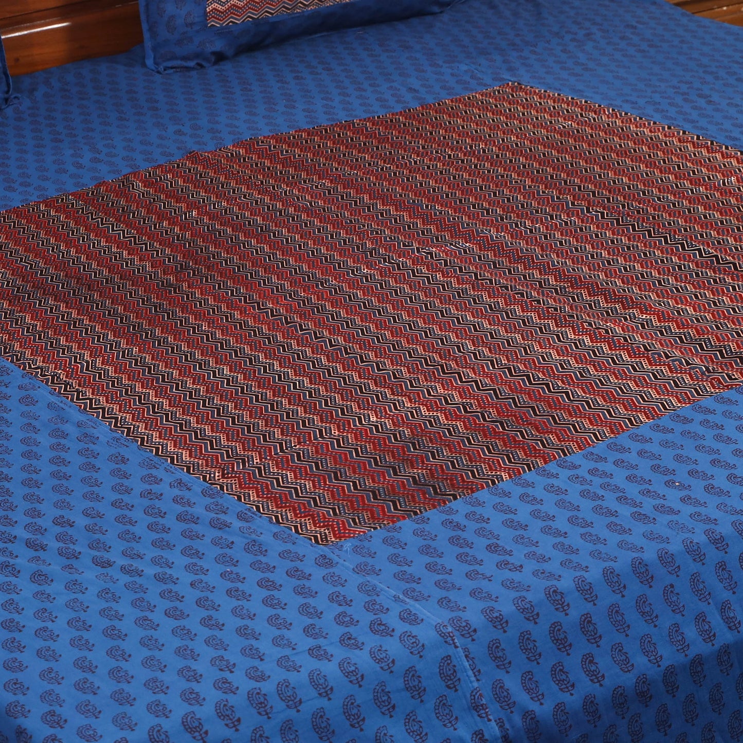 Blue Bagh Print with Ajrakh Modal Silk Patch Cotton Bedsheet Set