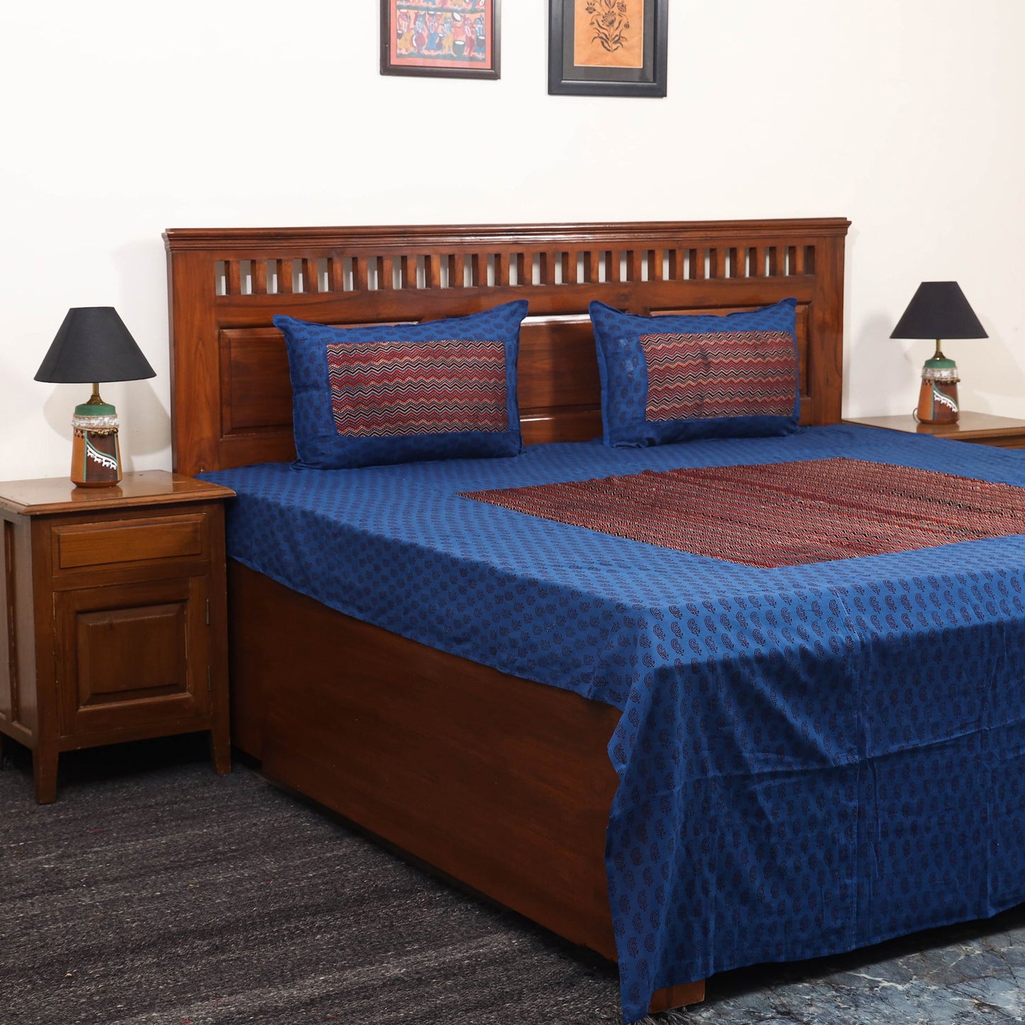 Blue Bagh Print with Ajrakh Modal Silk Patch Cotton Bedsheet Set