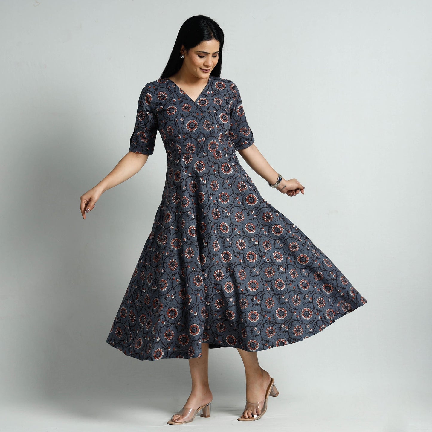  Bagru Block Printed Cotton Flare Dress 