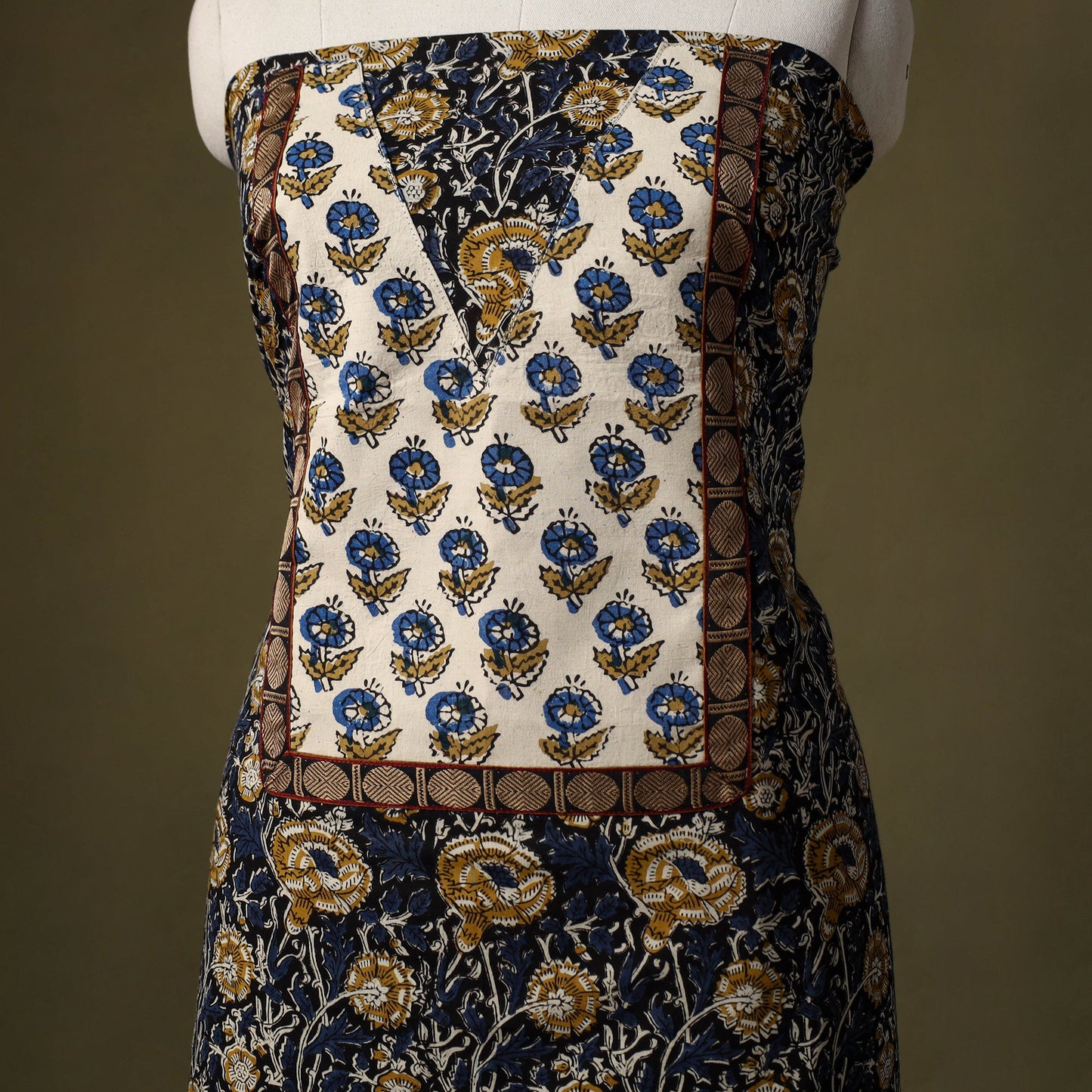 Blue Bagru Print Cotton Unstitched Kurta Material