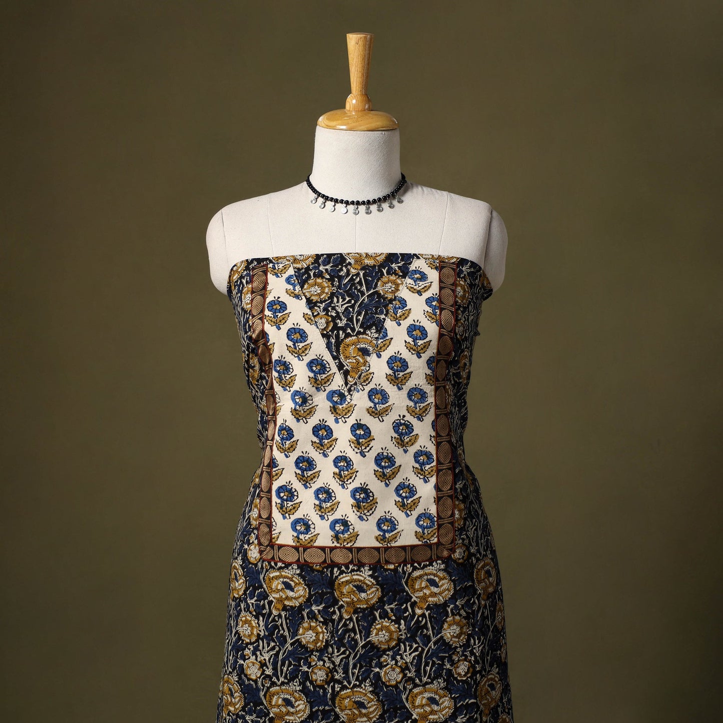 Blue Bagru Print Cotton Unstitched Kurta Material