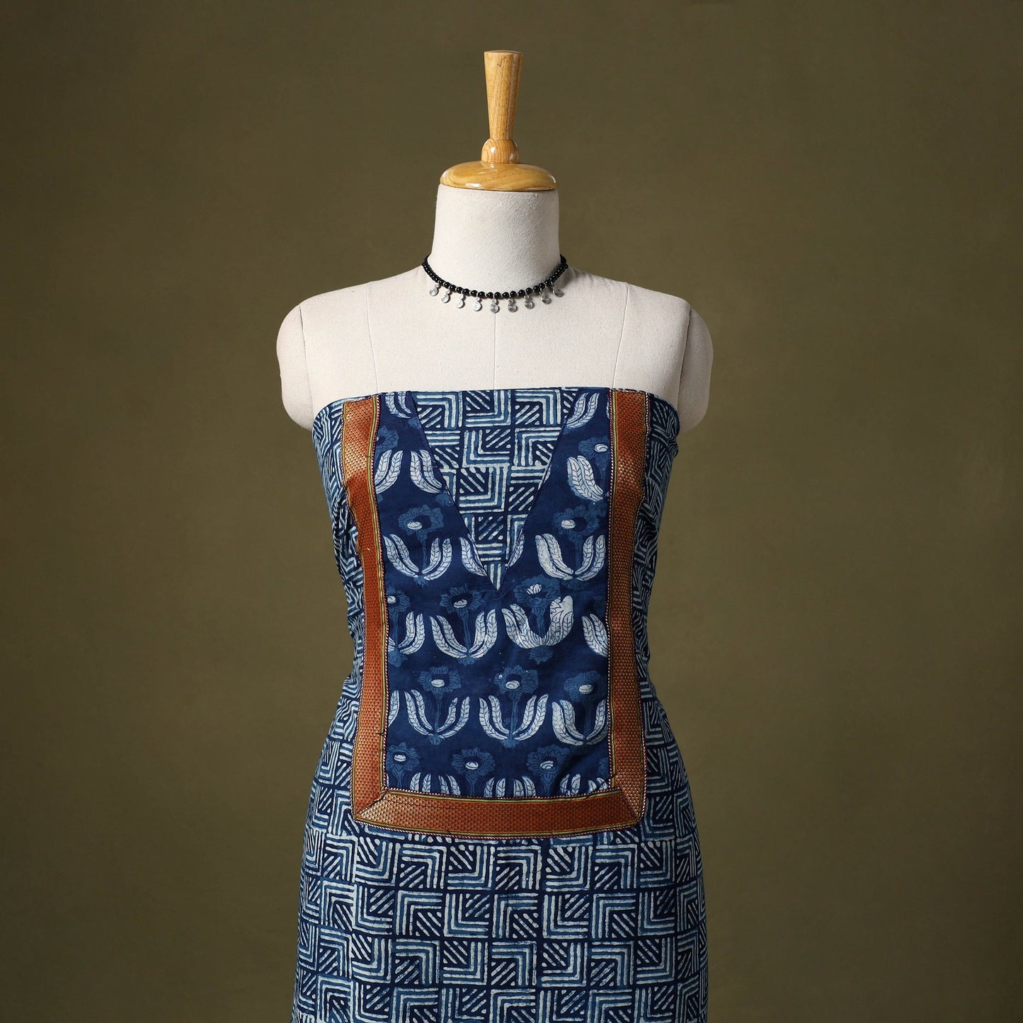 Blue Bagru Print Cotton Unstitched Kurta Material