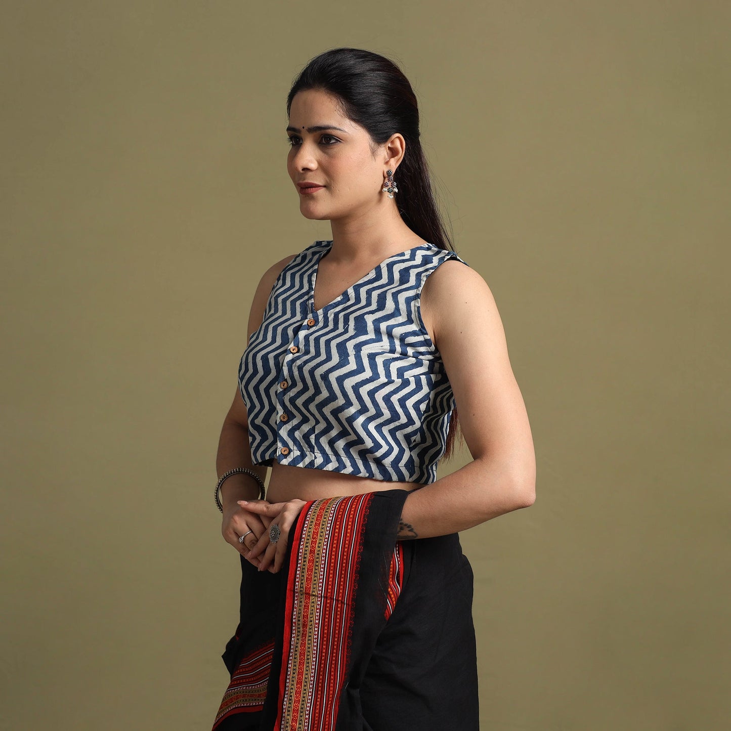 Buy Blue Bagru Dabu Block Print Cotton Stitched Blouse