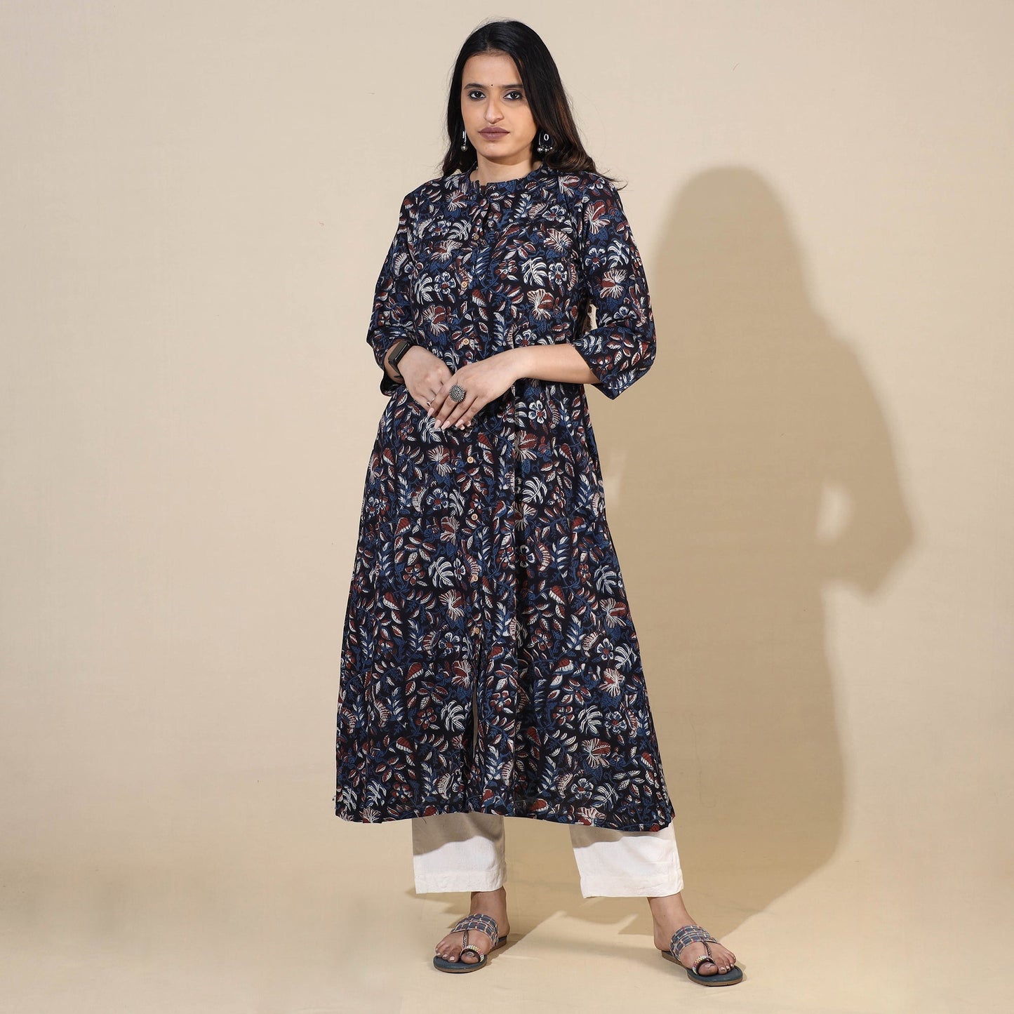 Buy Bagru Hand Block Printed Cotton A-Line Long Kurta Online at iTokri.com