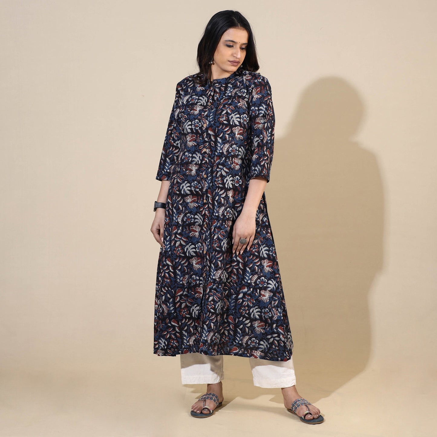 Buy Bagru Hand Block Printed Cotton A-Line Long Kurta Online at iTokri.com