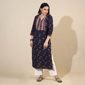 Blue - Bagru Hand Block Printed Cotton Straight Long Kurta 07