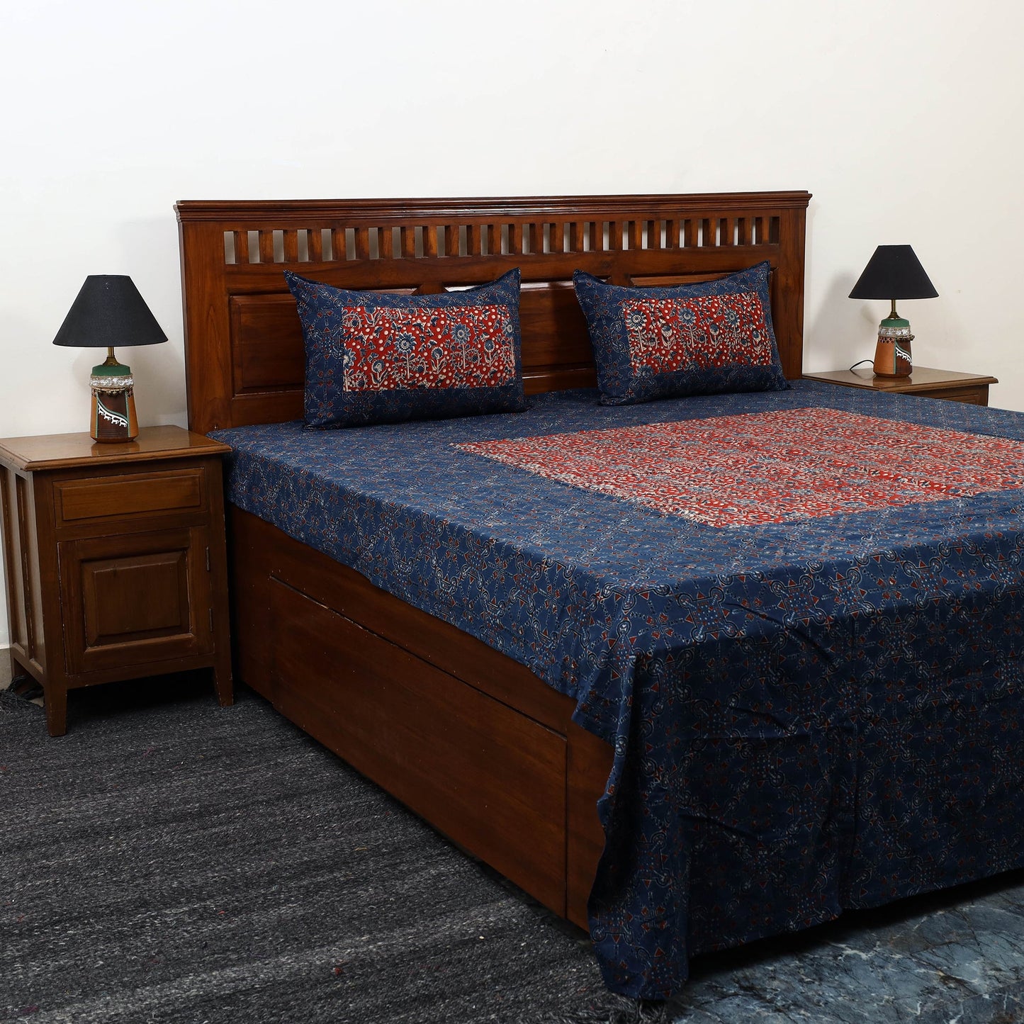 Ajrakh Print with Bagru Patch Cotton Bedsheet Set