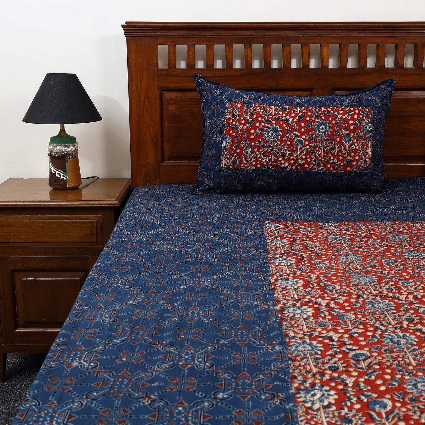 Ajrakh Print with Bagru Patch Cotton Bedsheet Set