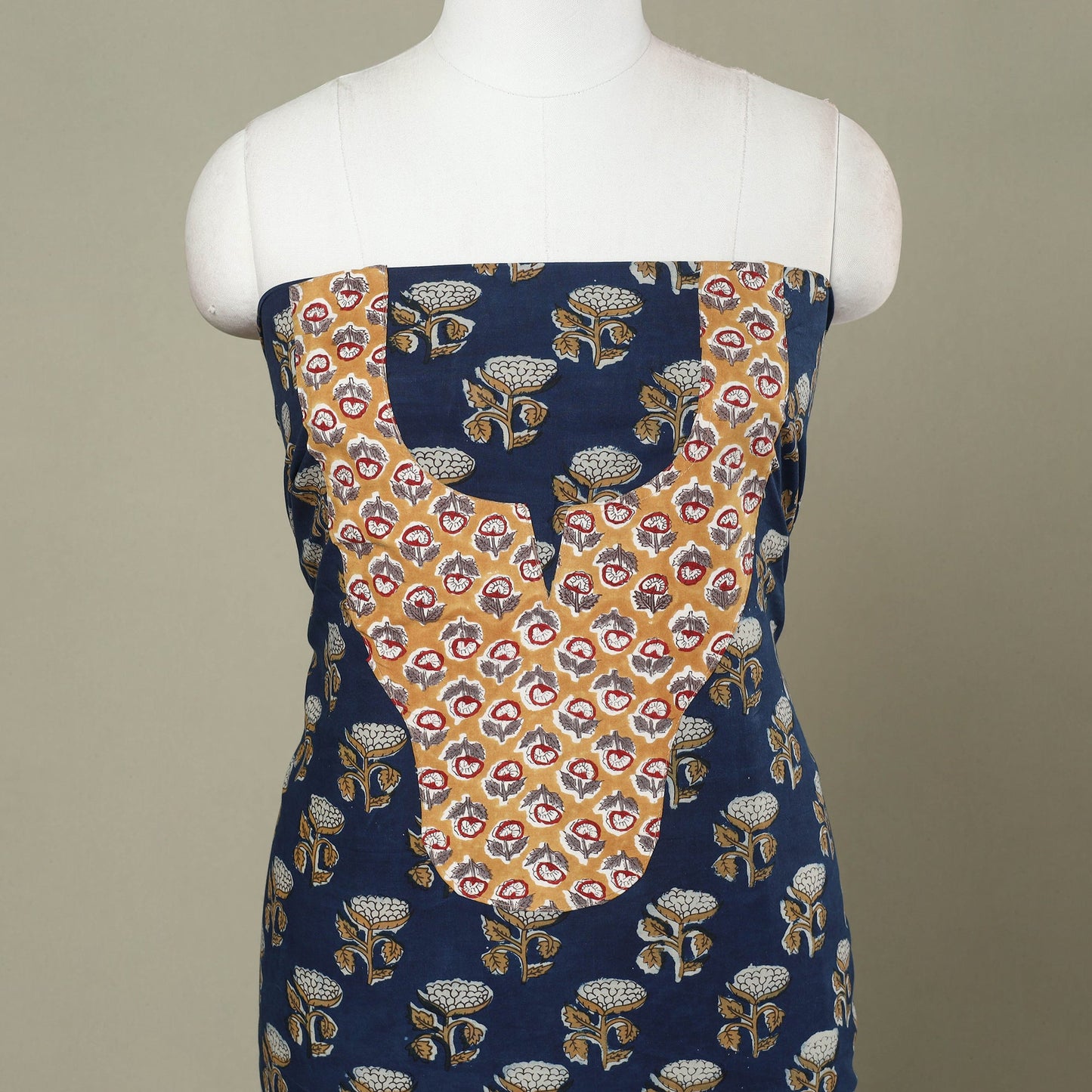 Buy Blue Bagru Print Patchwork Cotton Kurta Material