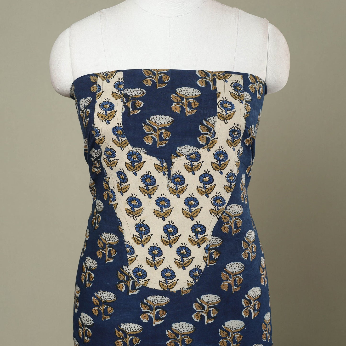 Buy Blue Bagru Print Patchwork Cotton Kurta Material