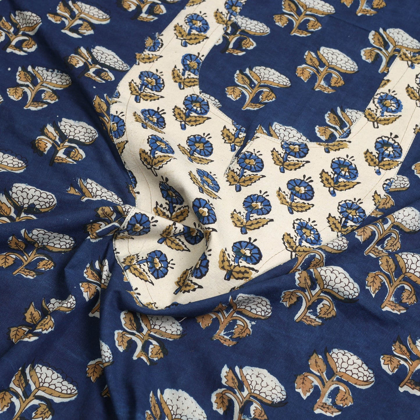 Buy Blue Bagru Print Patchwork Cotton Kurta Material