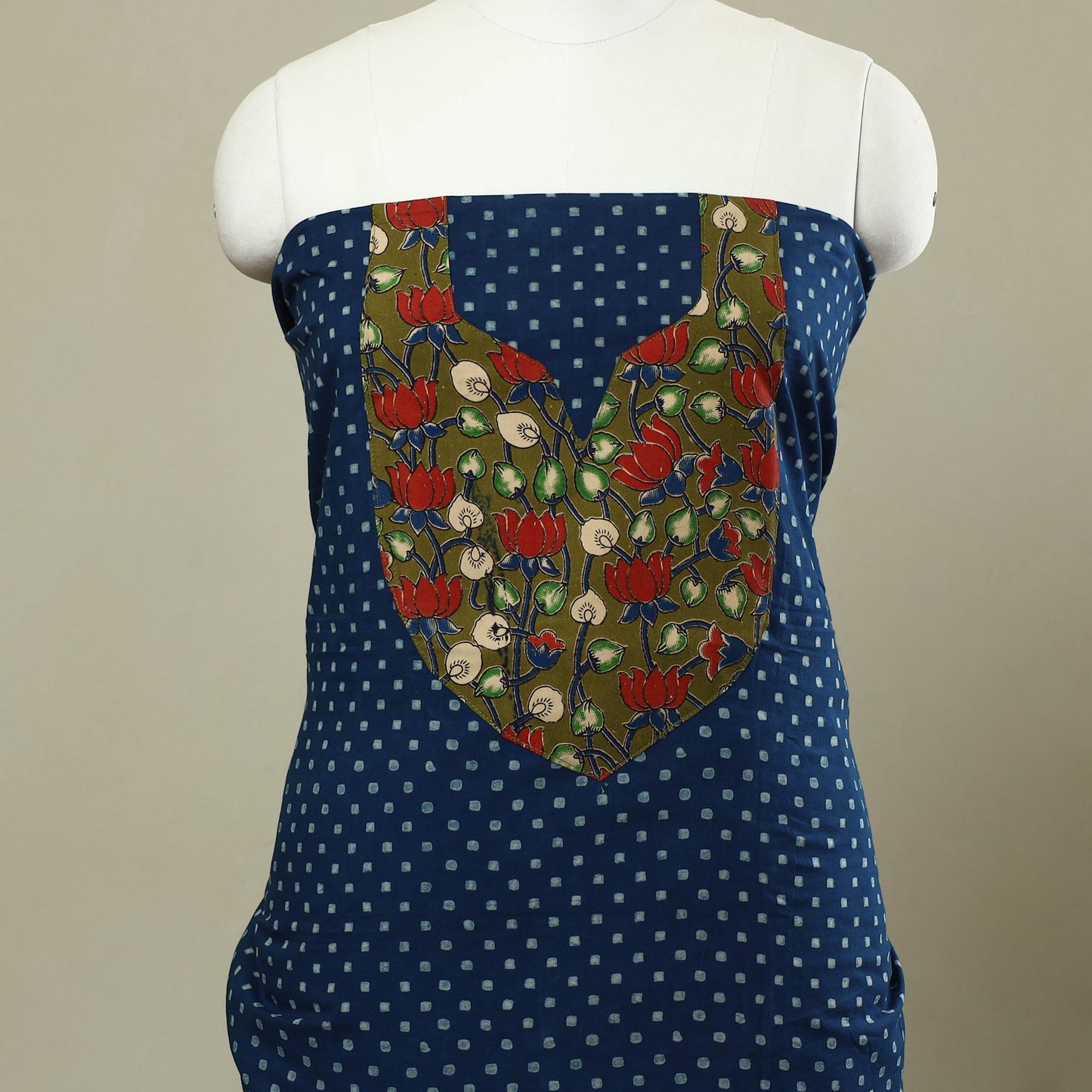 Buy Blue Bagru Print Patchwork Cotton Kurta Material