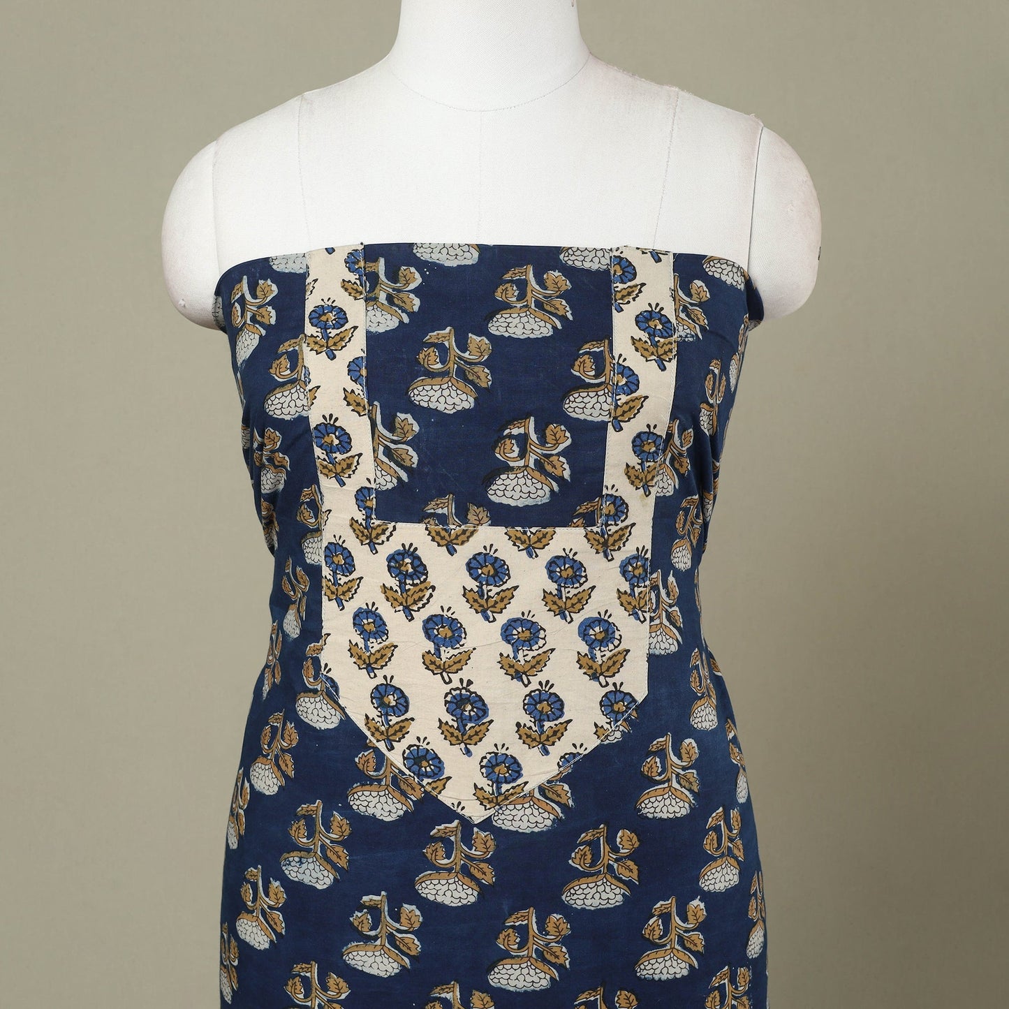 Buy Blue Bagru Print Patchwork Cotton Kurta Material