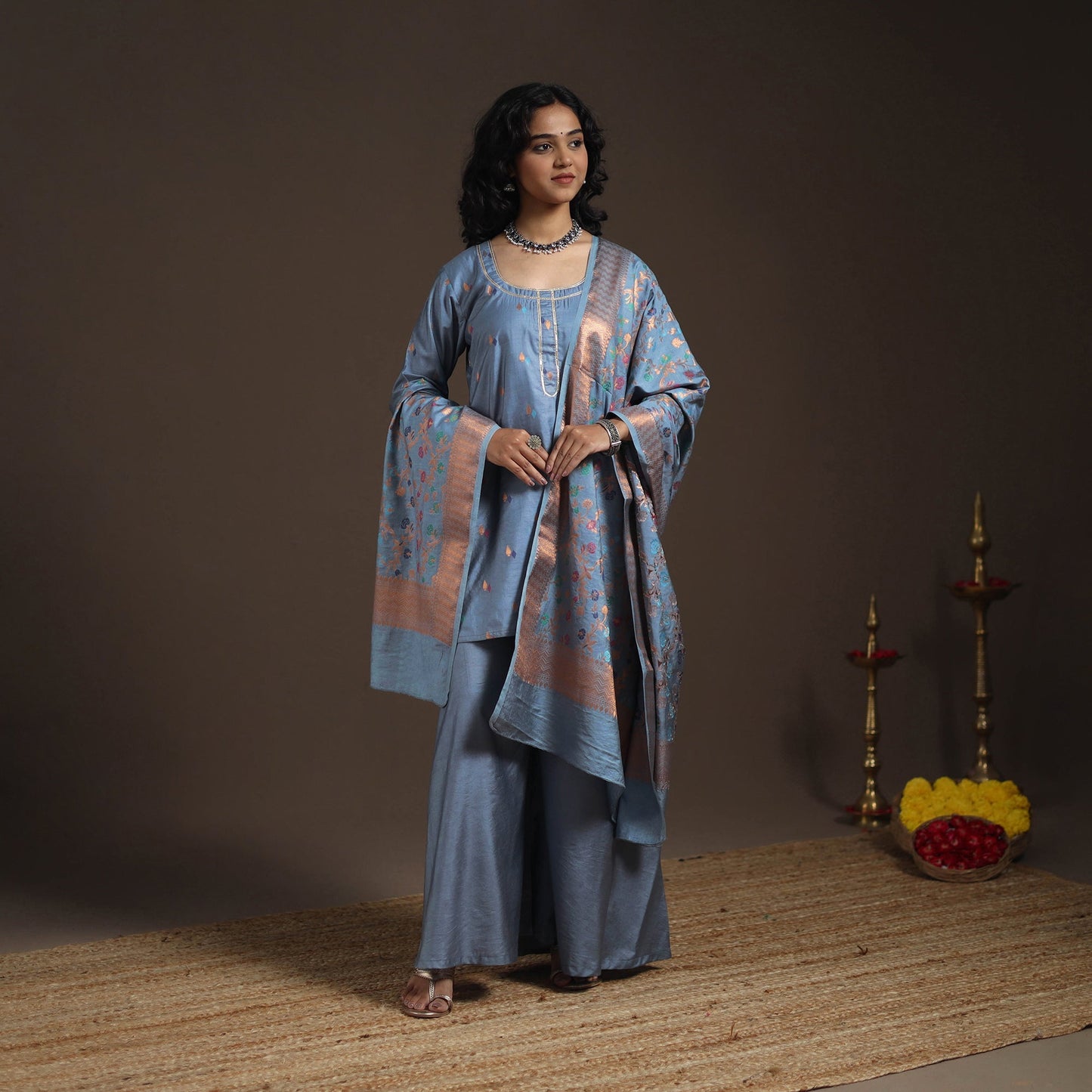 Blue - banarasi with gota work meena weaving silk cotton