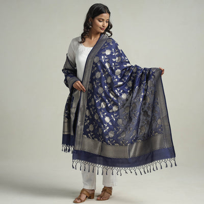 Blue - Banarasi Semi Silk Zari Jaal Dupatta with Tassels 09