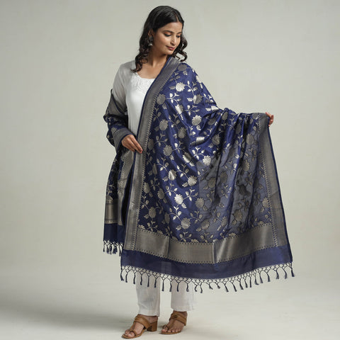 Blue - Banarasi Semi Silk Zari Jaal Dupatta with Tassels 09