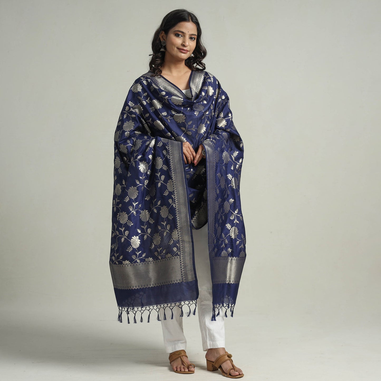 Blue - Banarasi Semi Silk Zari Jaal Dupatta with Tassels 09