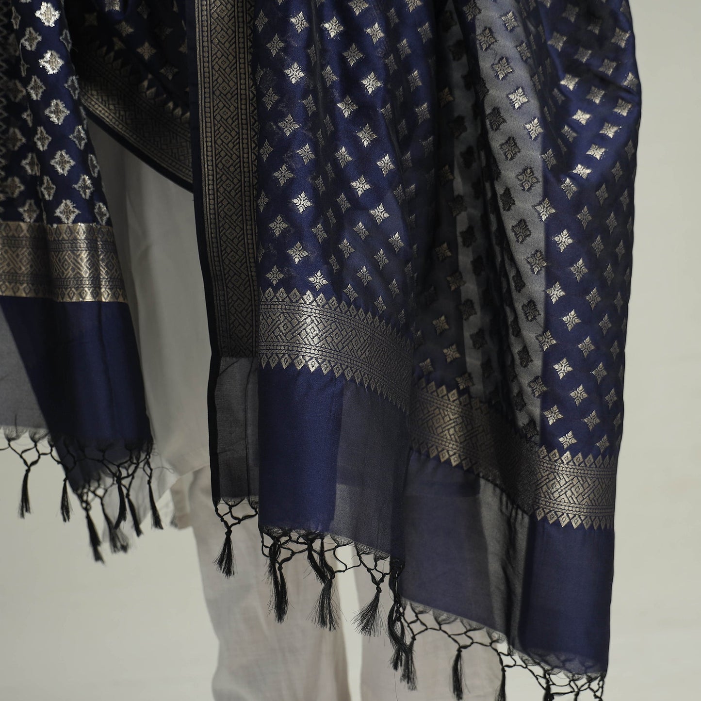 Blue - Banarasi Semi Silk Zari Jaal Dupatta with Tassels 29