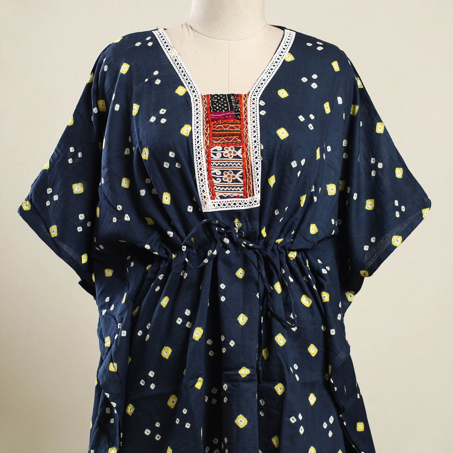 Buy Blue Bandhani Cotton Kaftan with Desert Embroidery