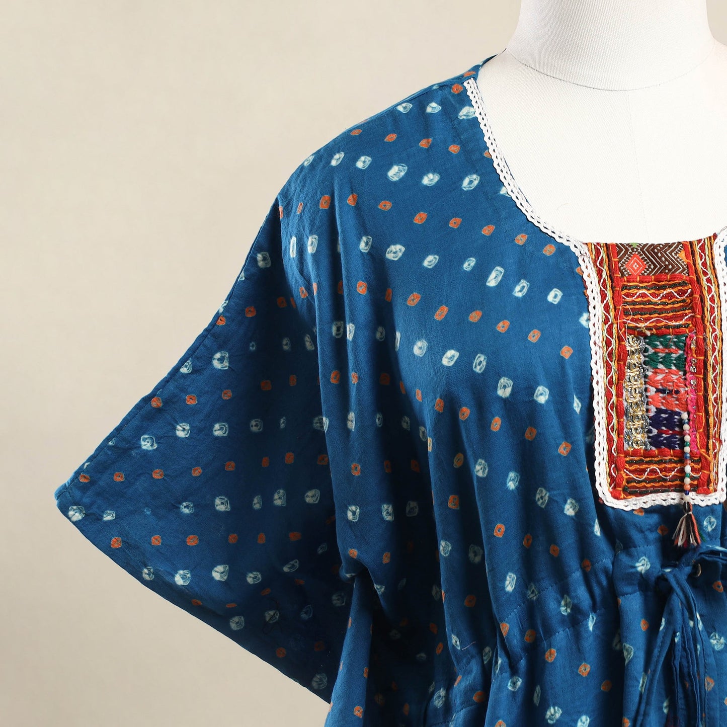 Buy Blue Bandhani Cotton Kaftan with Desert Embroidery