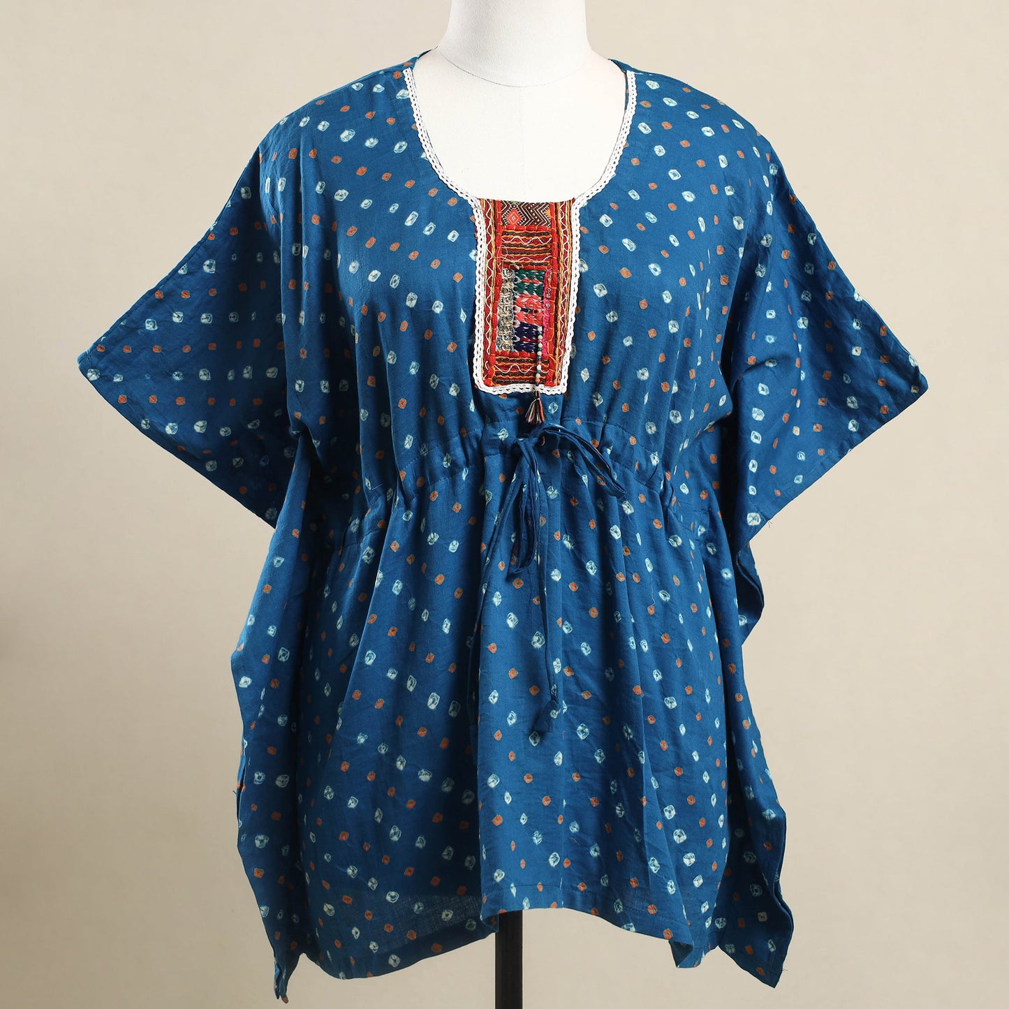 Buy Blue Bandhani Cotton Kaftan with Desert Embroidery