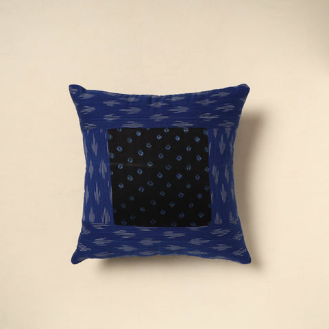 Blue - bandhani patch ikat cushion cover 05 - handcrafted