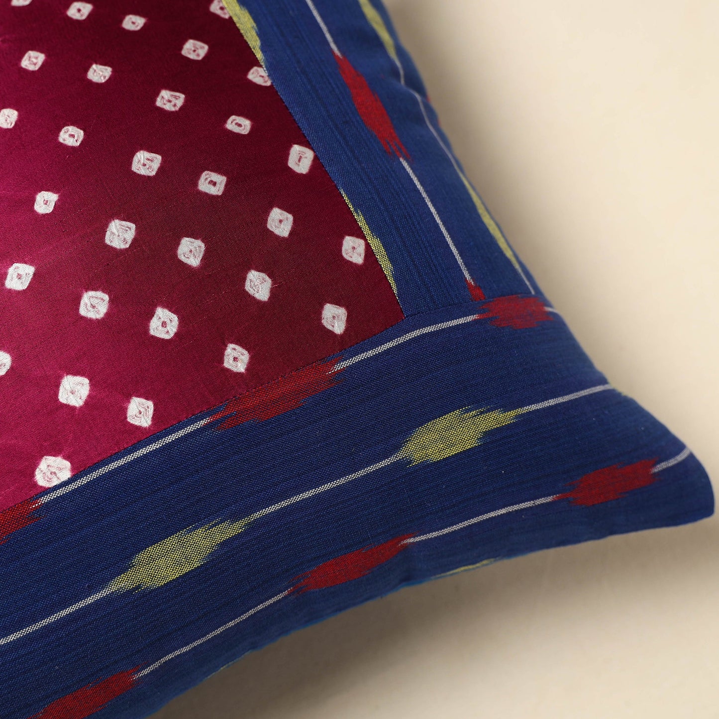 Blue - bandhani patch ikat cushion cover 07 - handcrafted