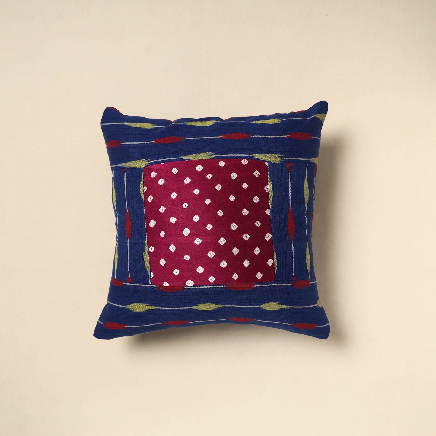 Blue - bandhani patch ikat cushion cover 07 - handcrafted