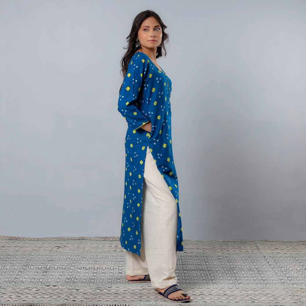 Buy Bandhani Tie-dye Cotton Long Straight Kurta for Women