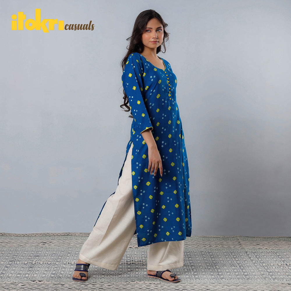 Buy Bandhani Tie-dye Cotton Long Straight Kurta for Women