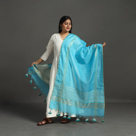 Blue - barmer applique work chanderi silk dupatta
