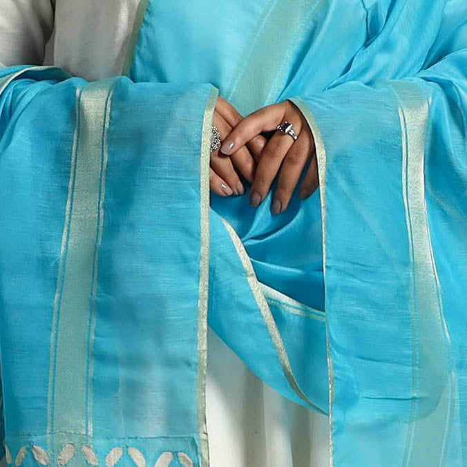 Blue - Barmer Applique Work Chanderi Silk Dupatta