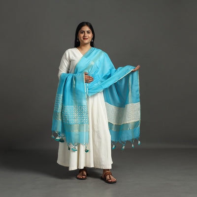 Blue - barmer applique work chanderi silk dupatta