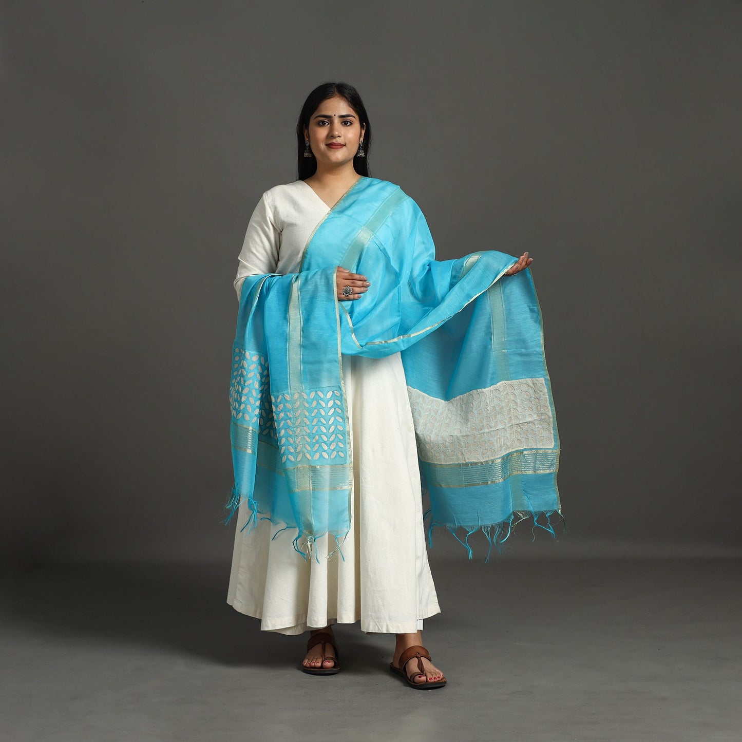 Blue - Barmer Applique Work Chanderi Silk Dupatta