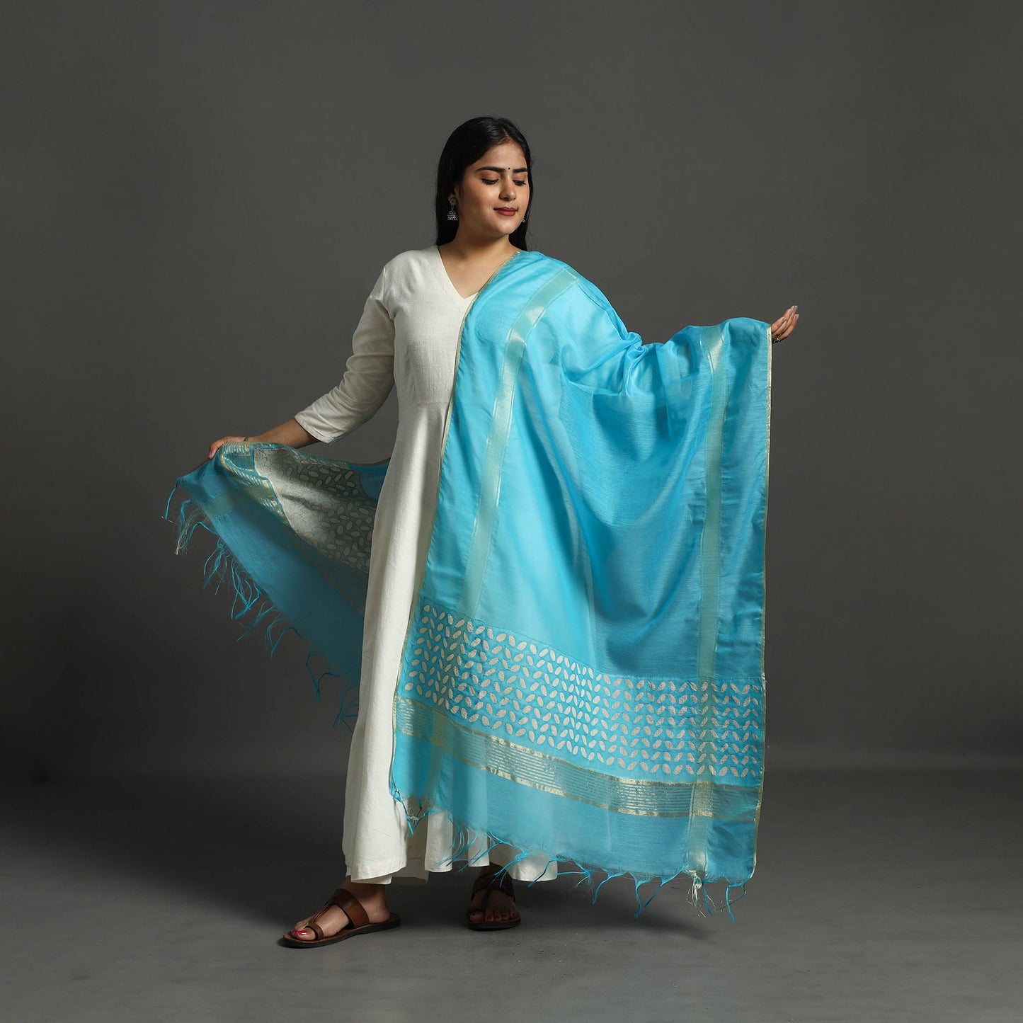 Blue - Barmer Applique Work Chanderi Silk Dupatta