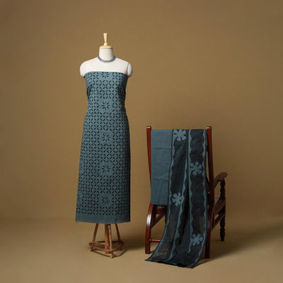 Grey - barmer cut work cotton applique 3pc unstitched dress