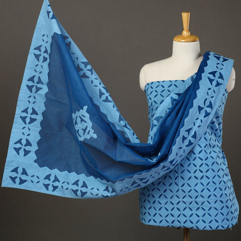 Buy Blu 3pc Cut Work Cotton Barmer Applique Dress Material