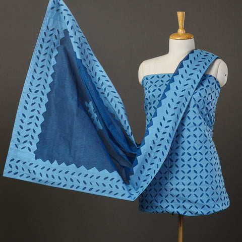 Blue - 3pc cut work cotton barmer applique unstitched dress