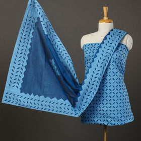 Blue - 3pc cut work cotton barmer applique unstitched dress