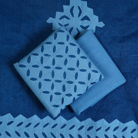 Blue - 3pc cut work cotton barmer applique unstitched dress