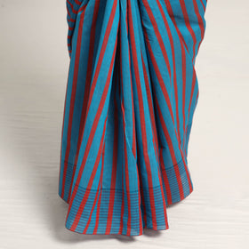 Buy Blue Base Silk Cotton Saree with Red & Black Buti Flower on Pallu with Red Stripes on Body Online l iTokri.com 