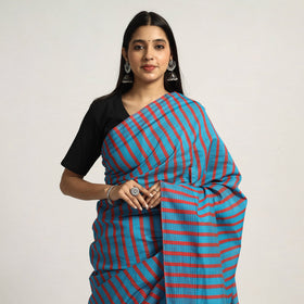 Buy Blue Base Silk Cotton Saree with Red & Black Buti Flower on Pallu with Red Stripes on Body Online l iTokri.com 