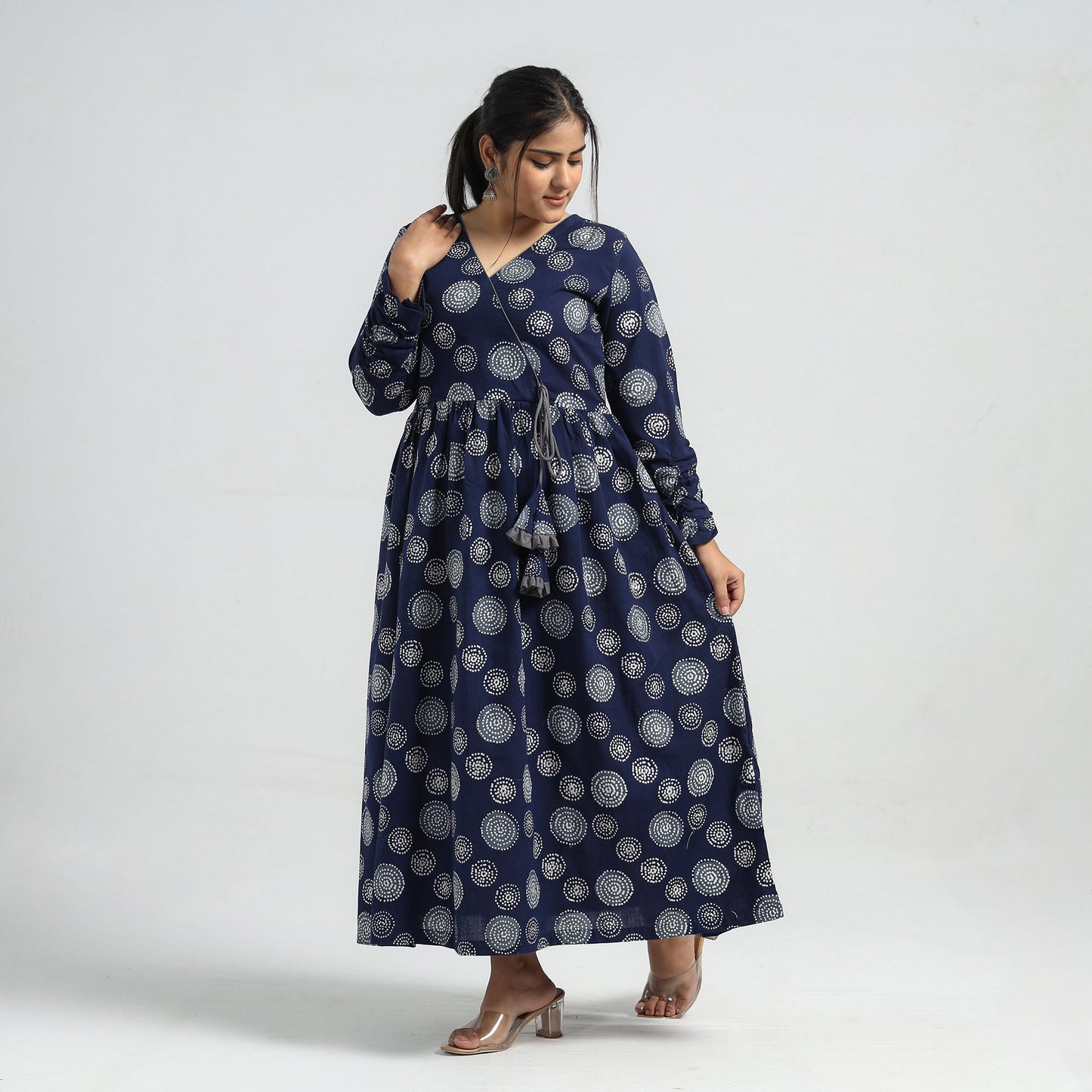 Blue - batik printed cotton angrakha flared dress